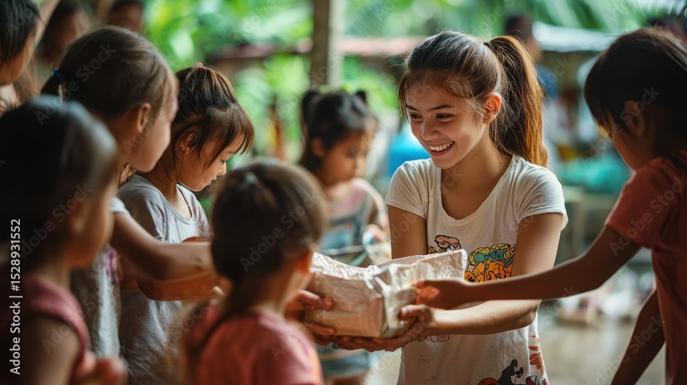 Obraz premium A young woman in a white shirt is smiling and holding a box of food in her hands, with a group of children around her, all of whom are reaching out to take food from her.