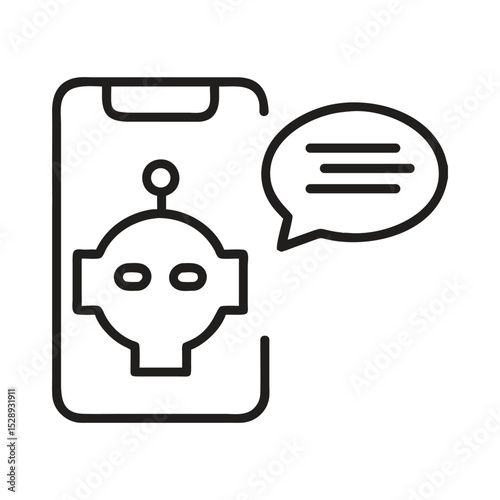 Robot chatbot on smartphone screen with speech bubble minimalist outline