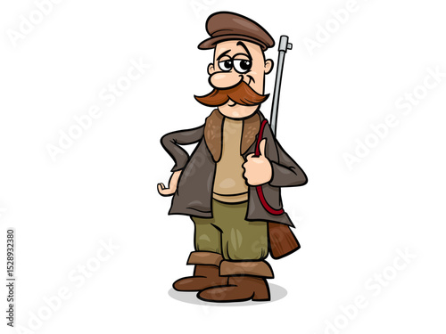 Cartoon Hunter with Shotgun and Big Moustache Ready for Outdoor Adventure