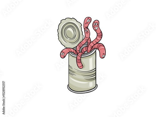 Cartoon worms in a can of food illustration