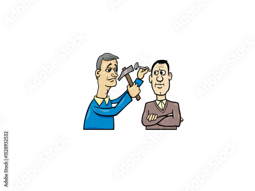 Cartoon illustration of man hammering nail into another mans head