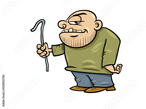 Humorous Cartoon Character with a Hook Tool and Grinning Expression