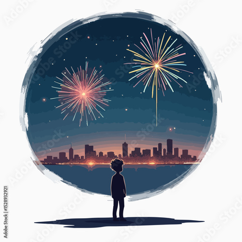 Alone Man Watching Fireworks Over City at Night