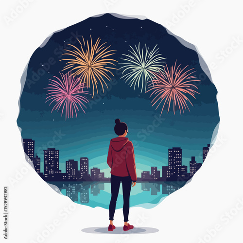 Fireworks in the Night Sky with Woman Silhouette Watching City Lights