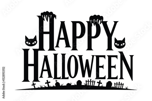 Happy Halloween Typography vector  Design with Spooky Graveyard and Cat Elements .