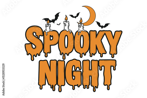 Spooky Night Halloween Dripping Text Vector with Bats, Moon, and Candles .
