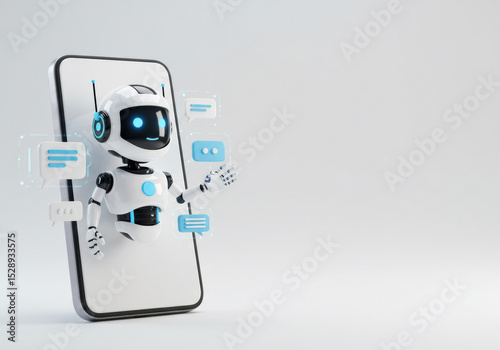 Innovative robot assistant engaging in conversation through a smartphone interface in a modern digital environment