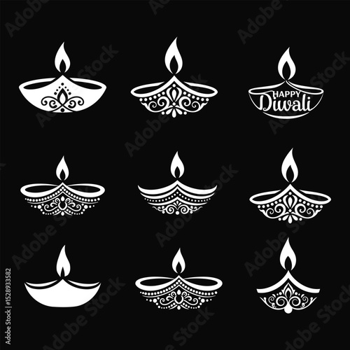 Elegant Diwali Diya Icon Set Vector | Black and White Festival Lamps for Decoration and Print .