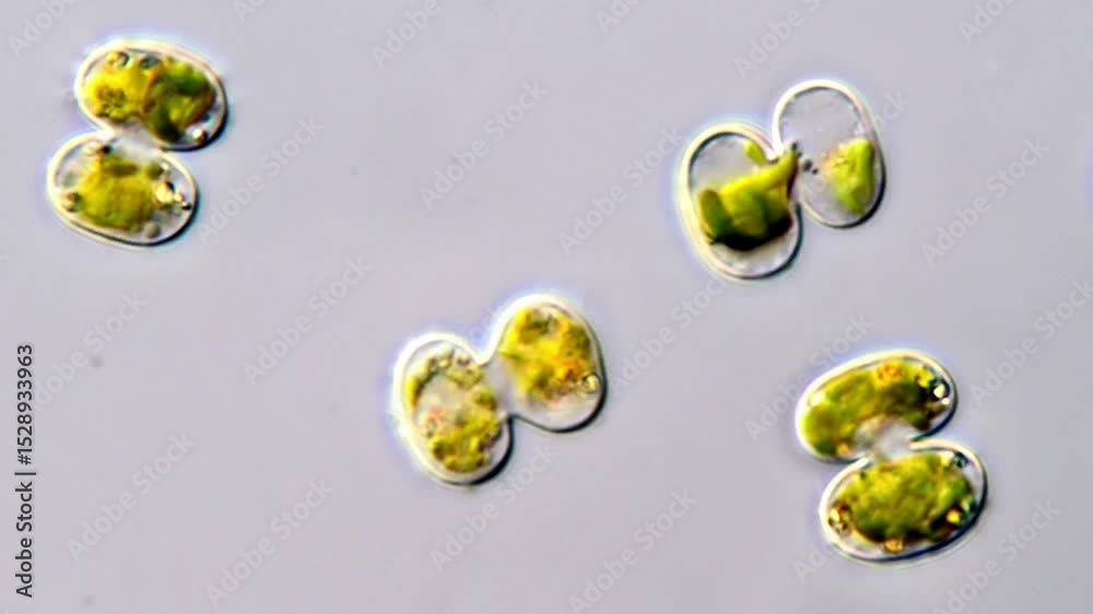 Brown motion in Cosmarium algae cells under microscope 100x objective