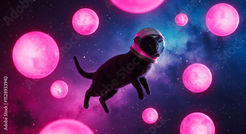 Cat wearing astronaut helmet floating in colorful outer space filled with pink planets