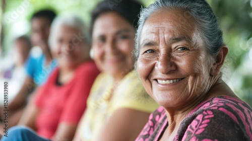 A group of elderly women sitting together in a garden, smiling and engaged in conversation.