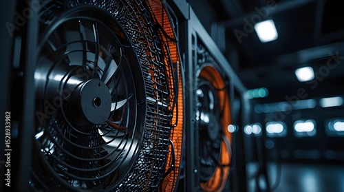 Closeup of fans in an interior data center, symbolizing the cool air flow. precise temperature control and energy efficiency in a high-tech environment. generative.ai
