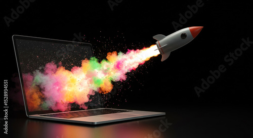 Rocket emerging from a laptop with colorful smoke and sparks in a dark background