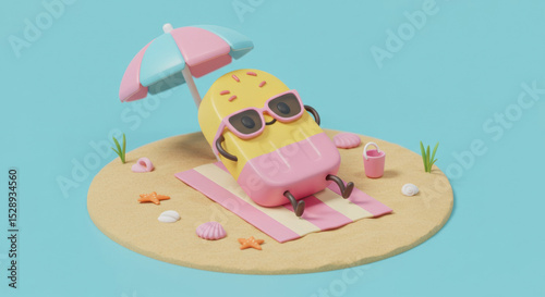 Cute ice cream character enjoying a sunny day at the beach with colorful umbrella and accessories on sandy shore