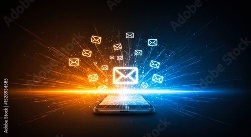Bright digital communication concept with smartphone emitting glowing email notifications in blue and orange colors