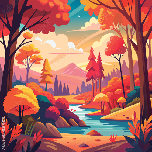 Autumnal landscape by a flowing river.