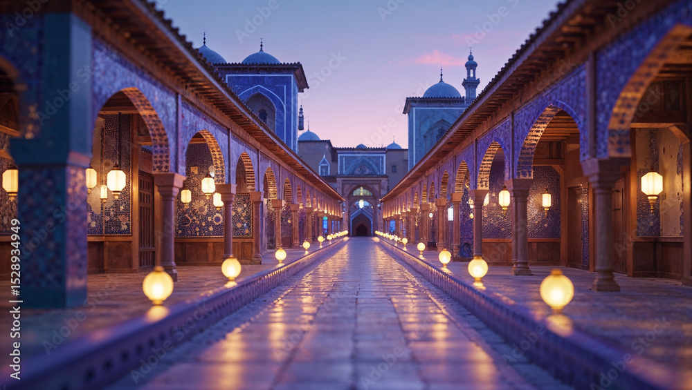 Fototapeta premium Illuminated pathway of an islamic-style architectural structure at dusk with warm ambient lighting.