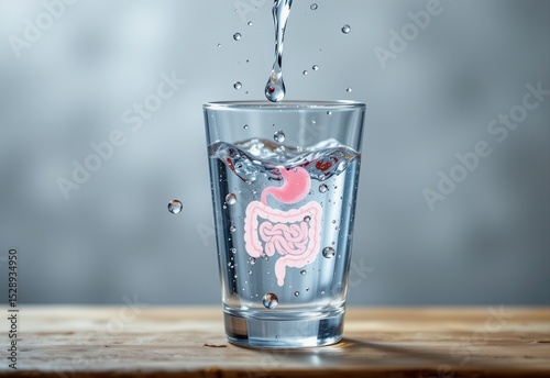 water droplets falling into glass with semi transparent digestive system icons, highlighting the benefits of drinking water before eating.