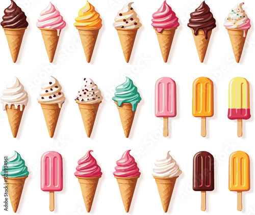 Assorted colorful drawing pencils beside a delightful set of ice cream cones, featuring chocolate, vanilla, and strawberry flavors, perfect for a sweet summer treat illustration