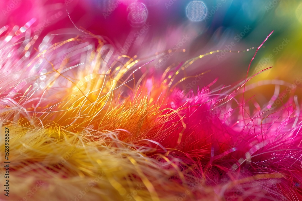 Fototapeta premium Colorful strands of textured fibers in vibrant pink, orange, and yellow hues create a playful backdrop.