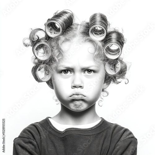 Grumpy girl with hair rollers portrait black and white photography studio shot angry expression child model