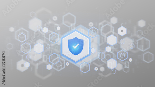 Digital shield with a checkmark and hexagonal abstract background illustrating security and protection