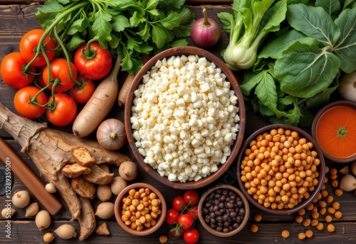 traditional market table with root vegetables, rice, and lentils glowing with stamina and energy symbols.