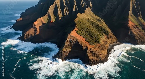 Aerial view of dramatic kauai coastline with waves crashing
