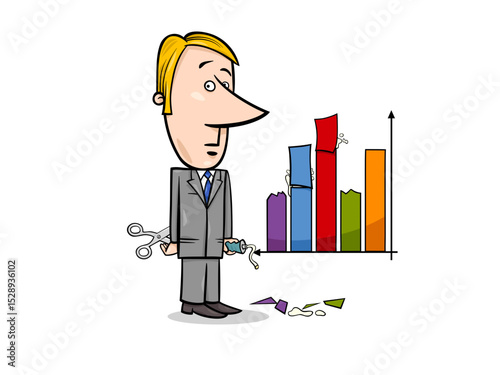 Businessman Cutting Down Bar Graph Representing Financial Performance Decline