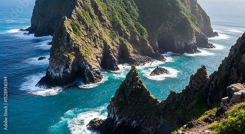 Dramatic coastal cliffs and ocean waves in a rugged landscape