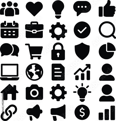 Set of black vector icons for web design including communication media and business symbols