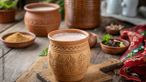 Stimulate regional travel concept. A traditional clay cup filled with a frothy Indian beverage, surrounded by spices and herbs on a rustic wooden table.