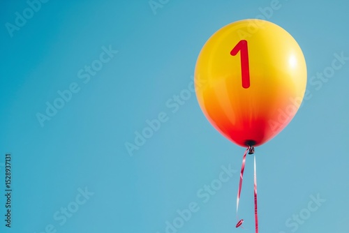 A vibrant yellow and orange balloon floats against a clear blue sky, marked with the number one. photo