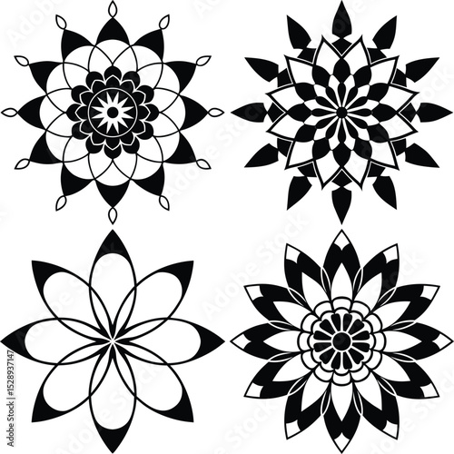 Black Floral Mandalas Set, Decorative Flower Pattern Elements On White Background