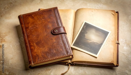 Vintage Leather Journal and Antique Photo Album Nostalgia Memories.