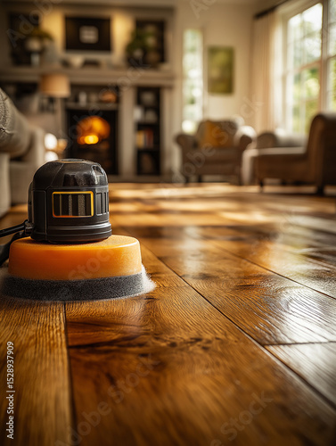 Wood floor polisher or parquet floor in a warm atmosphere inside the building
