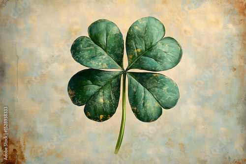 A vibrant four-leaf clover with rich green hues set against a textured, vintage backdrop
