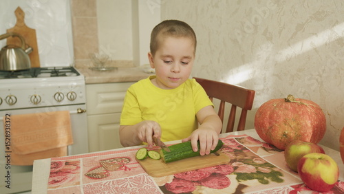 A Child Actively and Joyfully Preparing a Healthy, Delicious Snack in the Kitchen at Home