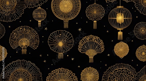 Unpainted vector element collection, gold lines on a black background, traditional Chinese patterns like fans and lanterns, auspicious symbols like the moon or stars, geometric shapes. generative.ai