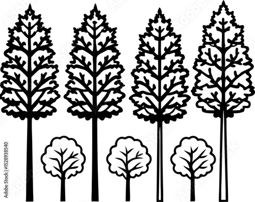 A black vector set of tree silhouettes includes pine, oak, and palm illustrations, showcasing a collection of nature's leafy elements