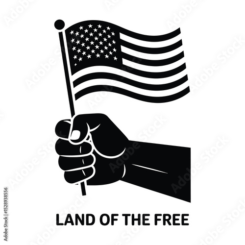 Hand holding american flag black and white illustration