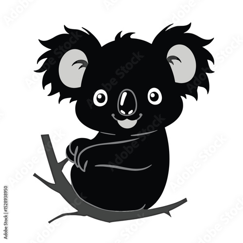 Minimalist Cartoon Koala Black Silhouette Vector with Big Eyes and Fluffy Ears on White Background
