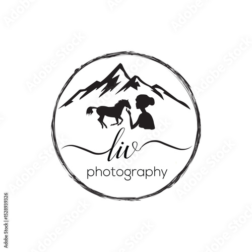 Mountain photography logo with stylized peaks and a camera icon, perfect for outdoor, travel, or adventure photographers. Symbolizes natural beauty, creativity, and exploration.
