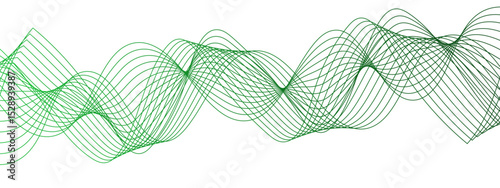 Abstract modern background with flowing wave pattern composed of thin, translucent lines in shades of blue and cyan. Smooth, undulating rhythm and white backdrop, soundwaves or fluid motion.
