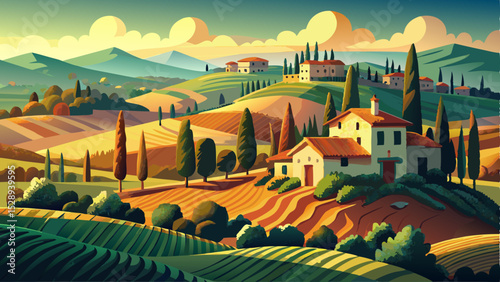 Classic Tuscan landscape in Italy featuring rolling hills, cypress trees, and charming rustic villas under a warm golden light. Scenic countryside with vineyards and peaceful atmosphere