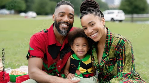 Joyful family celebrating together outdoors, showcasing cultural attire and unity