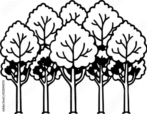 A black vector set of tree silhouettes includes pine, oak, and palm illustrations, showcasing a collection of nature's leafy elements