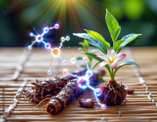 illustration of antiviral compounds extracted from fingerroot, bright molecular chains overlaying fresh roots on natural bamboo mat