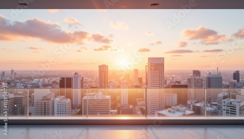 City skyline at sunset viewed from modern balcony with glass railing  