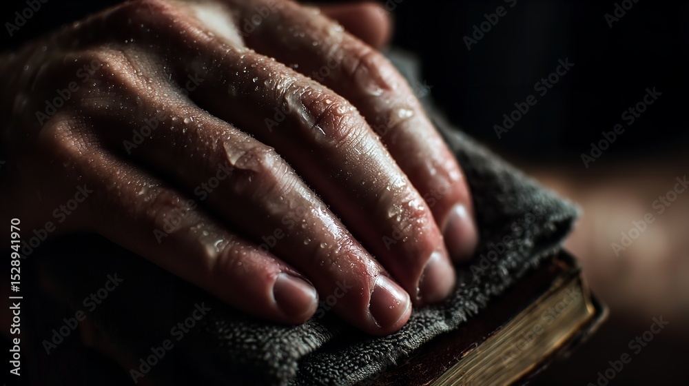 Fototapeta premium A craftsman s calloused sweaty hand lovingly restores an ancient book preserving history through delicate touch in low